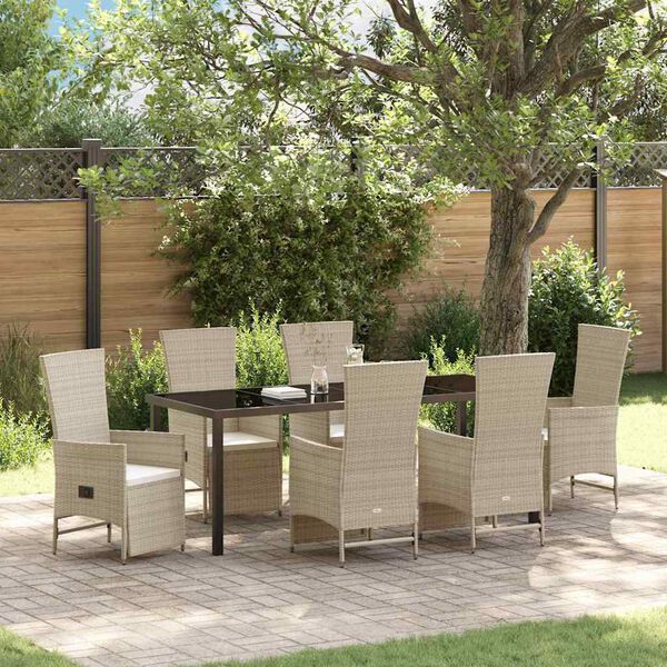 vidaXL Garten Essgruppe mit Kissen 7 pcs Beige Poly-Rattan