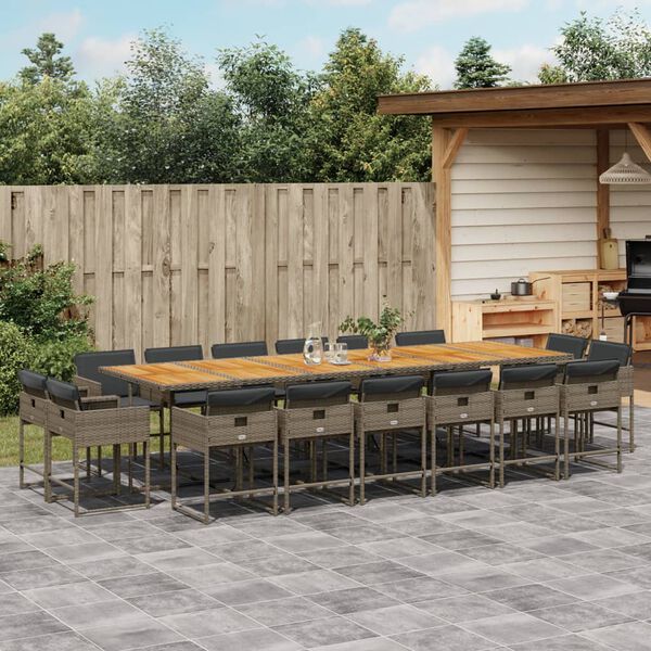 vidaXL 17-tlg. Garten-Essgruppe mit Kissen Grau Poly Rattan
