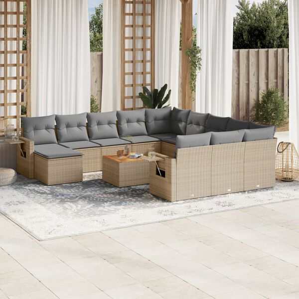 vidaXL 13-tlg. Garten-Sofagarnitur mit Kissen Beige Poly Rattan