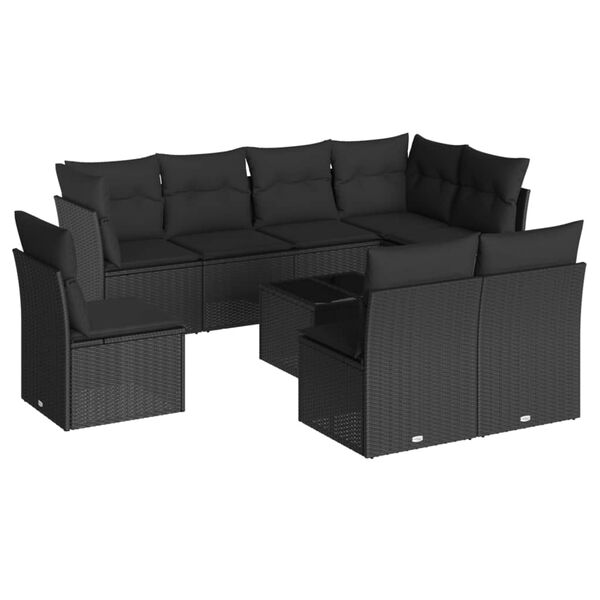vidaXL 9-tlg. Garten-Sofagarnitur mit Kissen Schwarz Poly Rattan