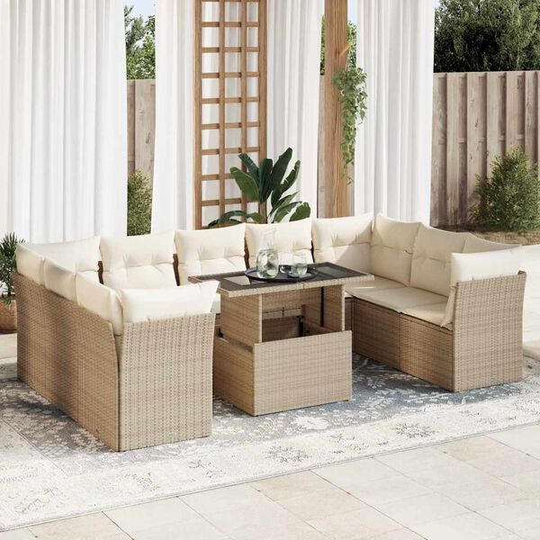 vidaXL 10-tlg. Garten-Sofagarnitur mit Kissen Beige Poly Rattan