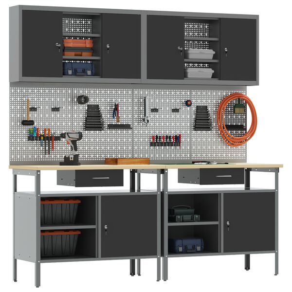 vidaXL Werkbank-Set 8 pcs Rot und Grau Pulverbeschichteter Stahl