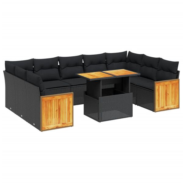 vidaXL 10-tlg. Garten-Sofagarnitur mit Kissen Schwarz Poly Rattan
