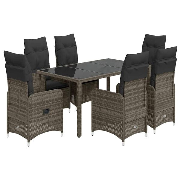 vidaXL 7-tlg. Garten-Bistro-Set mit Kissen Grau Poly Rattan