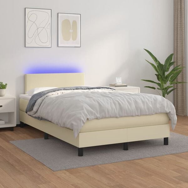 vidaXL Boxspringbett mit Matratze & LED Creme 120x200 cm Kunstleder
