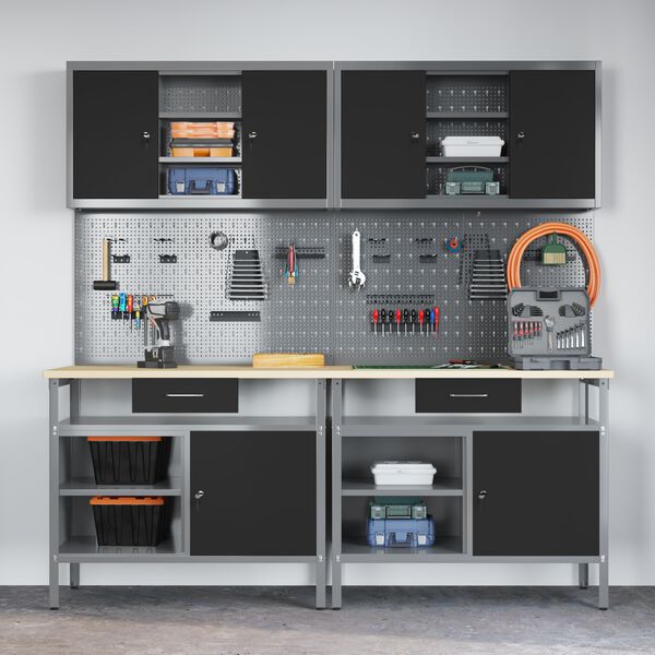 vidaXL Werkbank-Set 8 pcs Rot und Grau Pulverbeschichteter Stahl