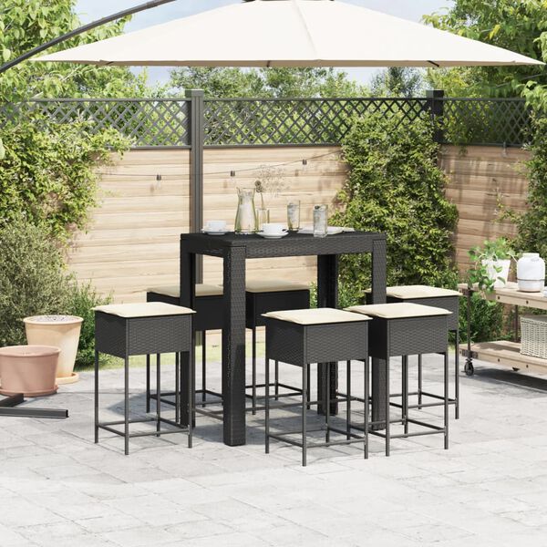 vidaXL 7-tlg. Gartenbar-Set mit Kissen Schwarz Poly Rattan