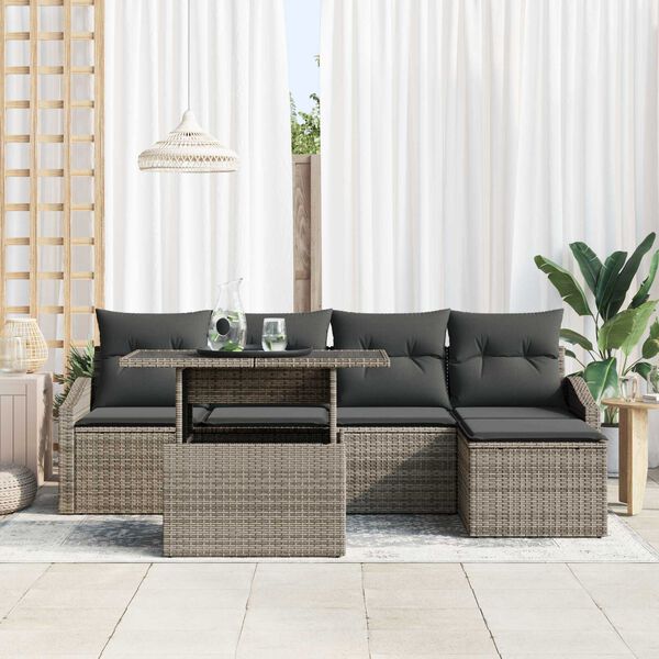 vidaXL Garten-Sofa-Set mit Kissen mit Speicher 6 pcs Grau Poly-Rattan
