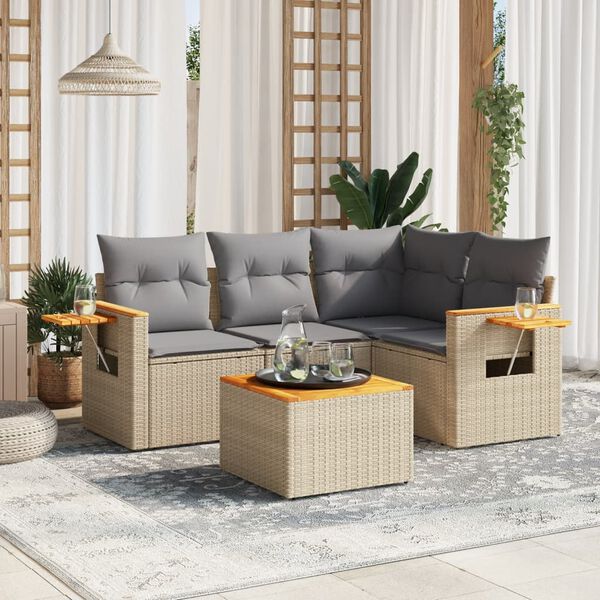 vidaXL 5-tlg. Garten-Sofagarnitur mit Kissen Beige Poly Rattan