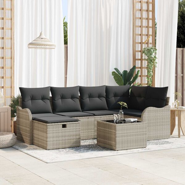 vidaXL Garten-Sofa-Set mit Kissen 7 pcs Hellgrau Poly Rattan