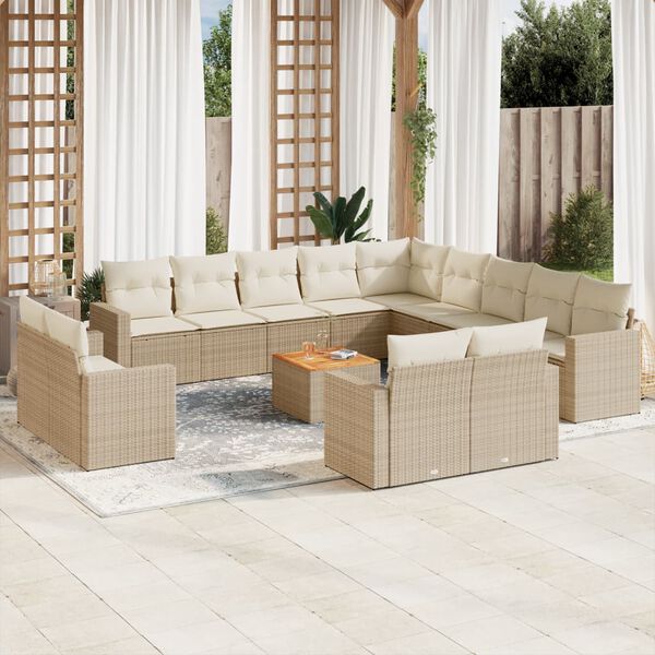 vidaXL 14-tlg. Garten-Sofagarnitur mit Kissen Beige Poly Rattan