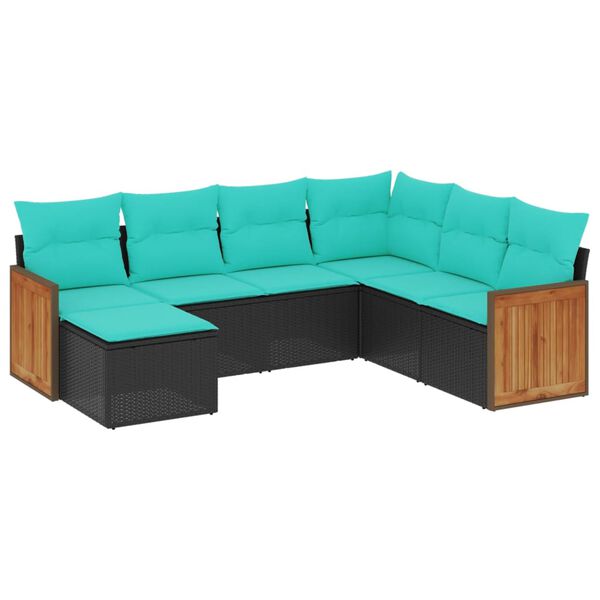 vidaXL 7-teiliges Gartensofa-Set mit Kissen, schwarzes Polyrattan