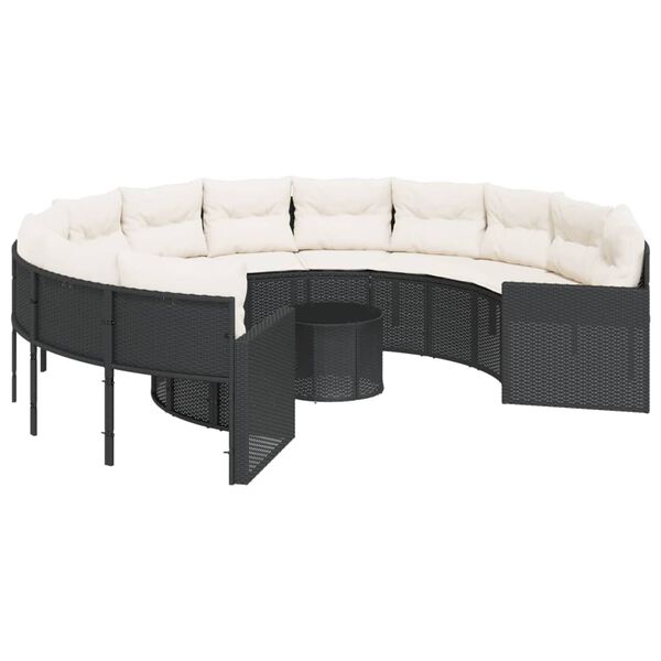 vidaXL Gartensofa mit Tisch und Kissen Rund Schwarz Poly-Rattan