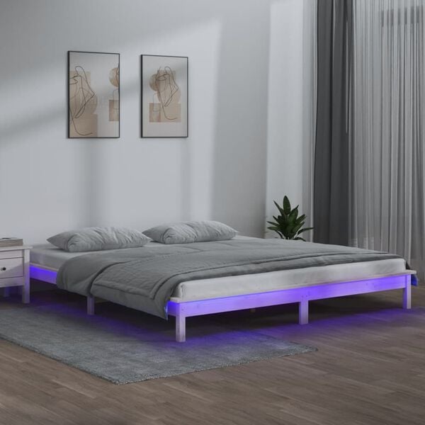 vidaXL Massivholzbett mit LEDs Wei&szlig; 180x200 cm