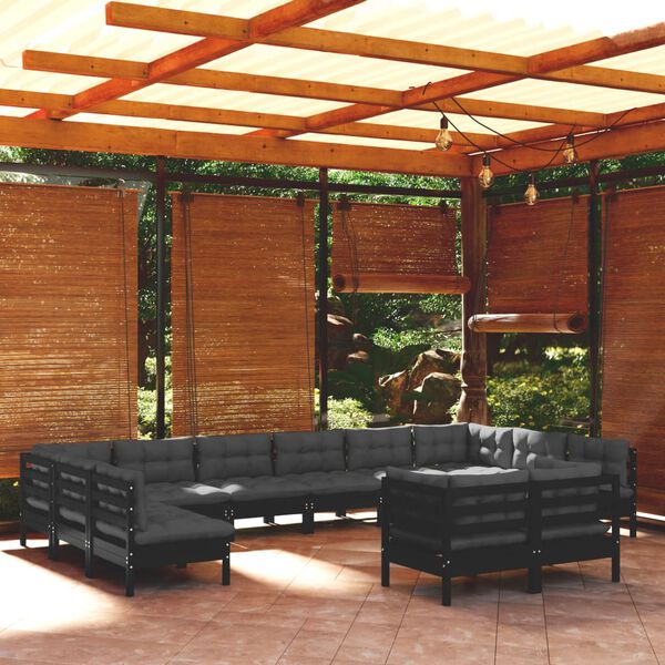 vidaXL 12-tlg. Garten-Lounge-Set mit Kissen Schwarz Kiefer Massivholz