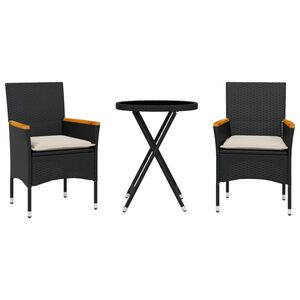 vidaXL 3-tlg. Bistro-Set mit Kissen Schwarz Poly Rattan und Glas