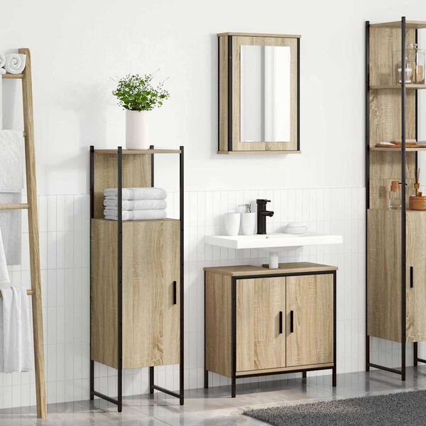 vidaXL Badezimmerm&ouml;bel-Set mit Regal mit T&uuml;r 3 pcs Braun Holzwerkstoff