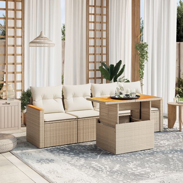 vidaXL 5-tlg. Garten-Sofagarnitur mit Kissen Beige Poly Rattan