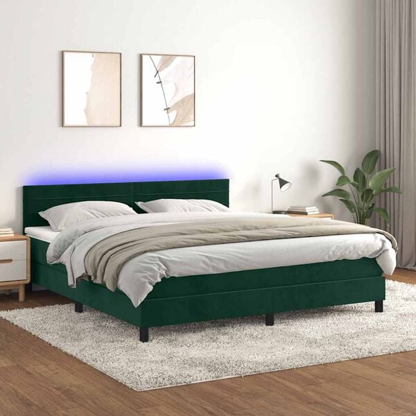 vidaXL Boxspringbett mit Matratze & LED Dunkelgr&uuml;n 160x200 cm Samt