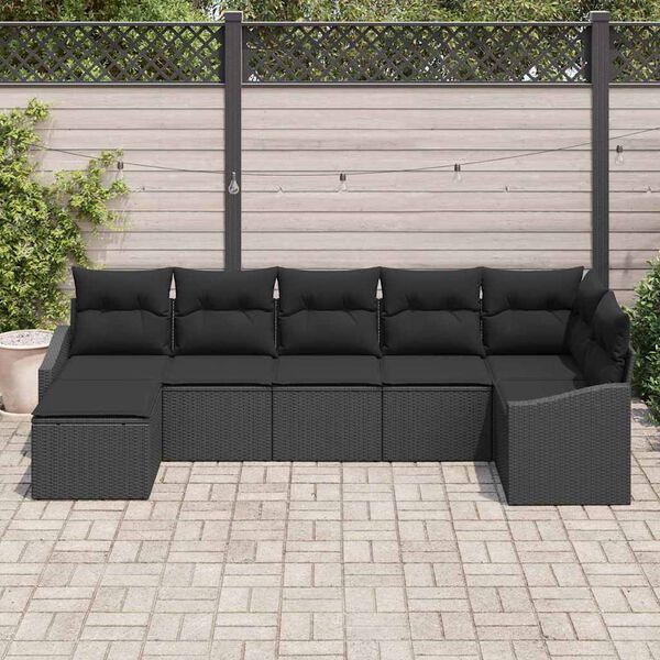 vidaXL Garten-Sofa-Set mit Kissen 7 pcs Schwarz Poly-Rattan