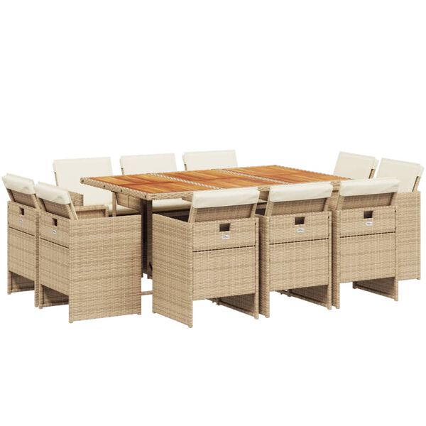 vidaXL 11-tlg. Garten-Essgruppe mit Kissen Beige Poly Rattan