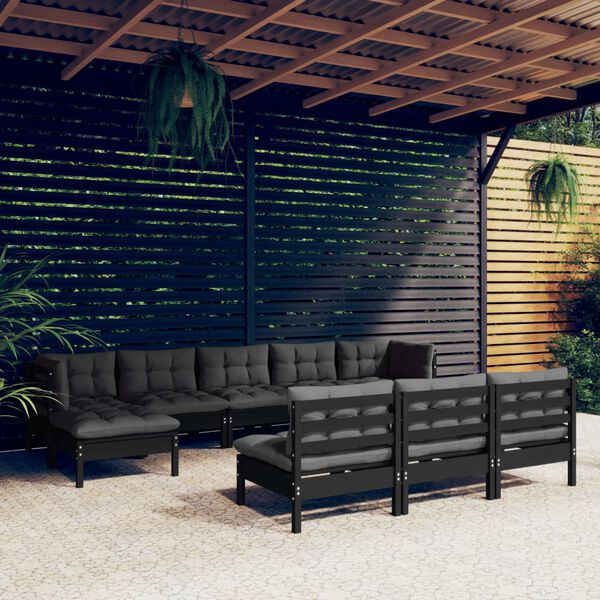 vidaXL 10-tlg. Garten-Lounge-Set mit Kissen Schwarz Kiefernholz