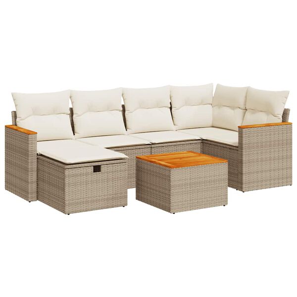 vidaXL 7-tlg. Garten-Sofagarnitur mit Kissen Beige Poly Rattan