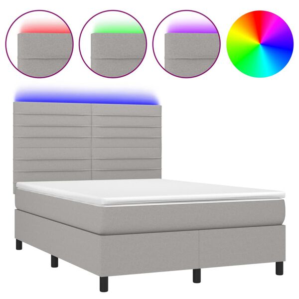 vidaXL Boxspringbett mit Matratze & LED Hellgrau 140x200 cm Stoff