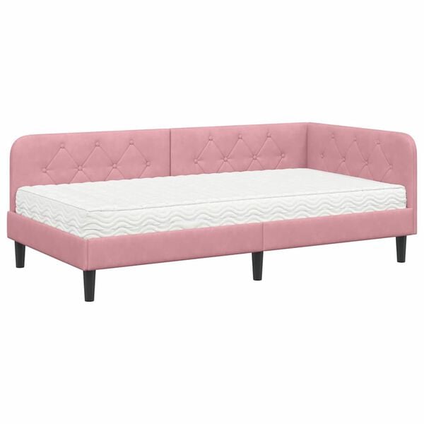 vidaXL Eckbettgestell mit Matratze mit Kopfteil Rosa 90 x 200 cm Samt