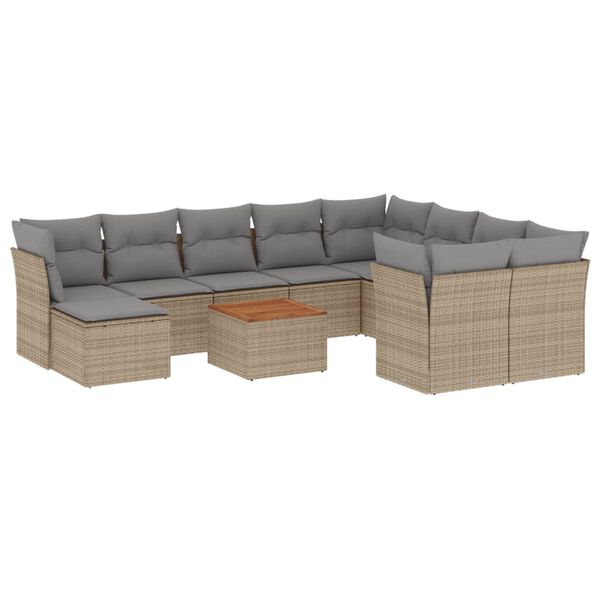 vidaXL 11-tlg. Garten-Sofagarnitur mit Kissen Beige Poly Rattan