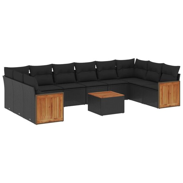 vidaXL 11-tlg. Garten-Sofagarnitur mit Kissen Schwarz Poly Rattan