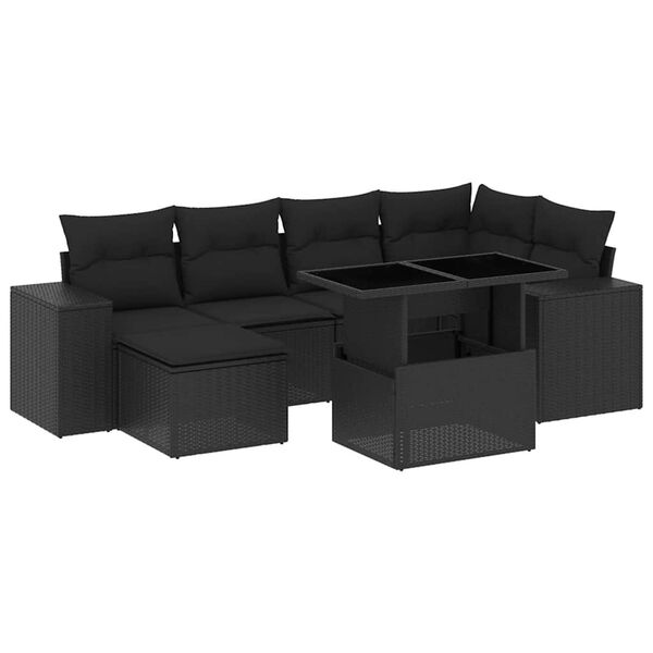 vidaXL 7-tlg. Garten-Sofagarnitur mit Kissen Schwarz Poly Rattan