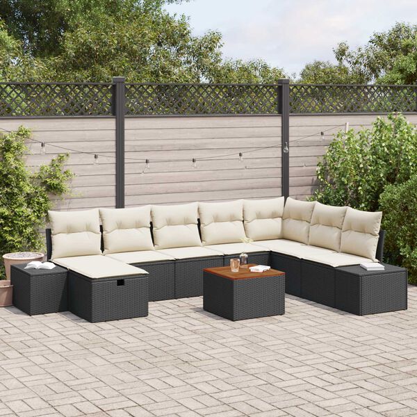 vidaXL Garten-Sofa-Set mit Kissen 9 pcs Schwarz Poly Rattan