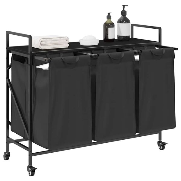 vidaXL Wäschekorb 3 Fächer mit Rädern Schwarze Eiche