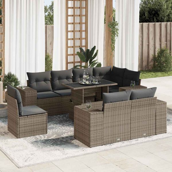 vidaXL 9-tlg. Garten-Sofagarnitur mit Kissen Grau Poly Rattan