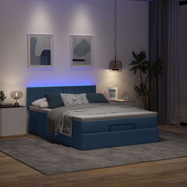 vidaXL Ottomane Bett mit Matratze & LEDs Blau 140x190 cm Stoff