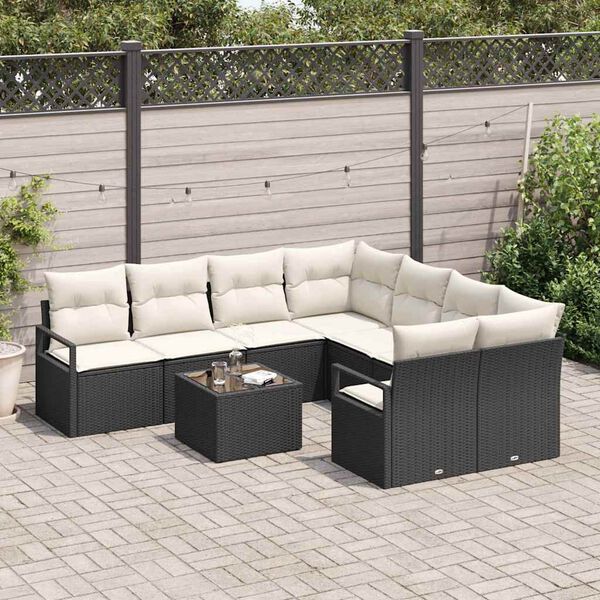 vidaXL Sofa Set mit Kissen 9 pcs Schwarz und Creme Poly-Rattan