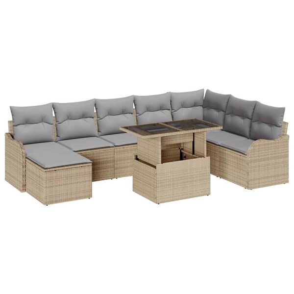 vidaXL Garten-Sofa-Set mit Kissen 9 pcs Beige Poly Rattan
