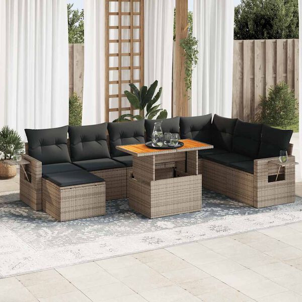 vidaXL 9-tlg. Garten-Sofagarnitur mit Kissen Grau Poly Rattan