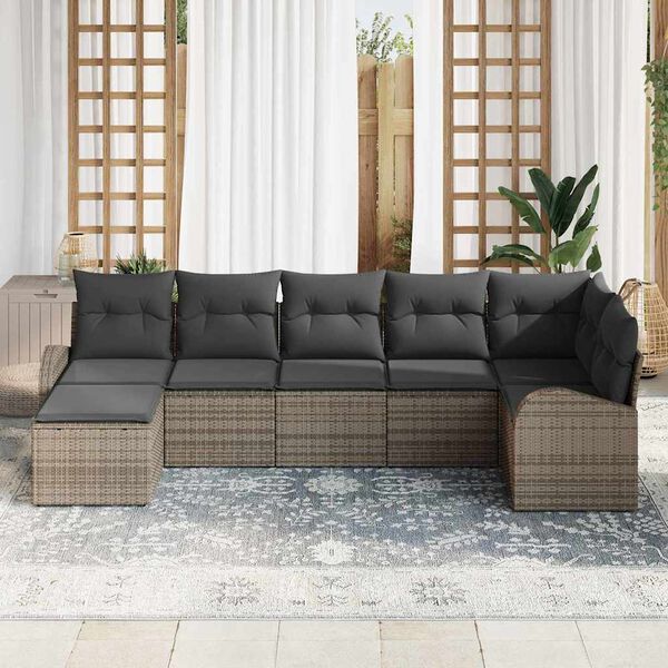 vidaXL Garten-Sofa-Set mit Kissen 7 pcs Grau Poly Rattan