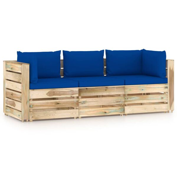 vidaXL 3-Sitzer Outdoor-Sofa mit Kissen Gr&uuml;n Impr&auml;gniertes Holz