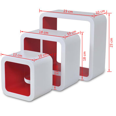 3er Set MDF Hängeregal Wandregal Cube Regal für Bücher/DVD, weiß-rot