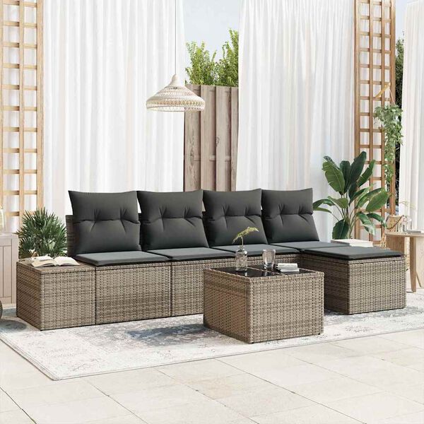 vidaXL Garten-Sofa-Set mit Kissen 6 pcs Grau Poly-Rattan