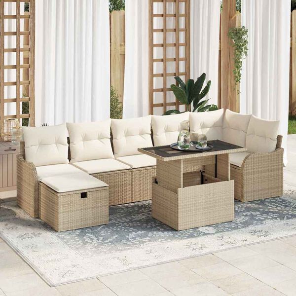 vidaXL Garten-Sofa-Set mit Kissen mit Speicher 8 pcs Beige Poly Rattan