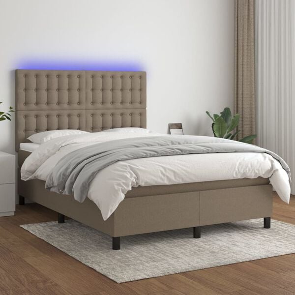vidaXL Boxspringbett mit Matratze & LED Taupe 140x200 cm Stoff