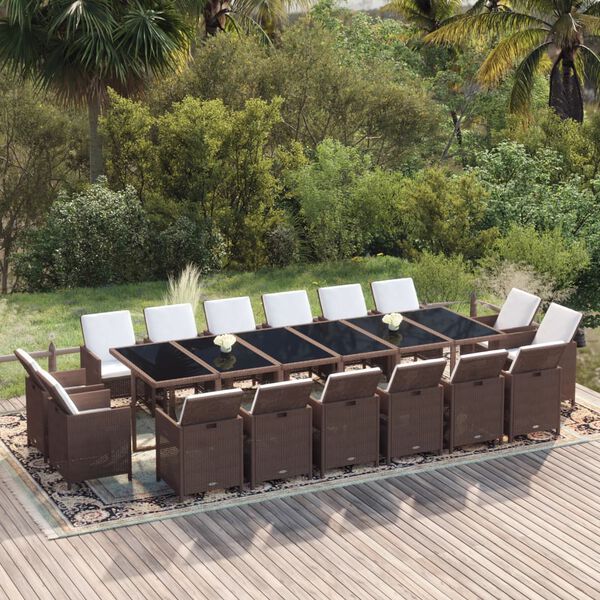 vidaXL 17-tlg. Garten-Essgruppe mit Kissen Poly Rattan Braun