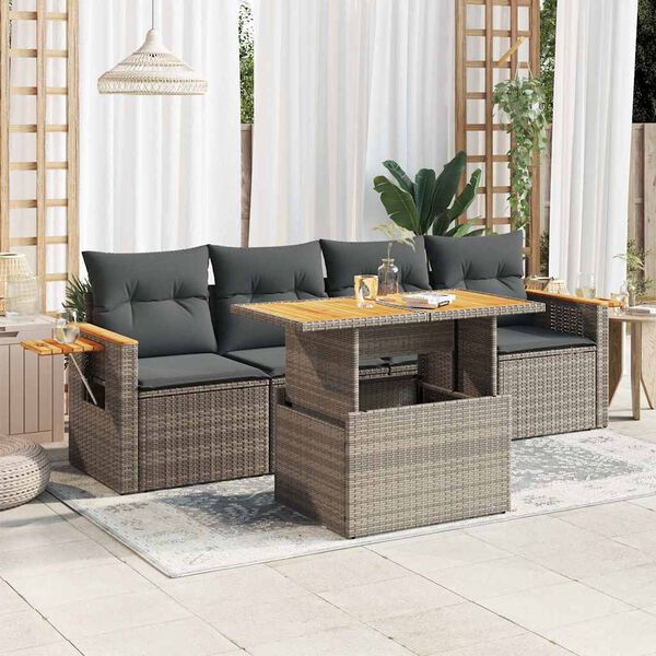 vidaXL 5-tlg. Garten-Sofagarnitur mit Kissen Grau Poly Rattan Akazie