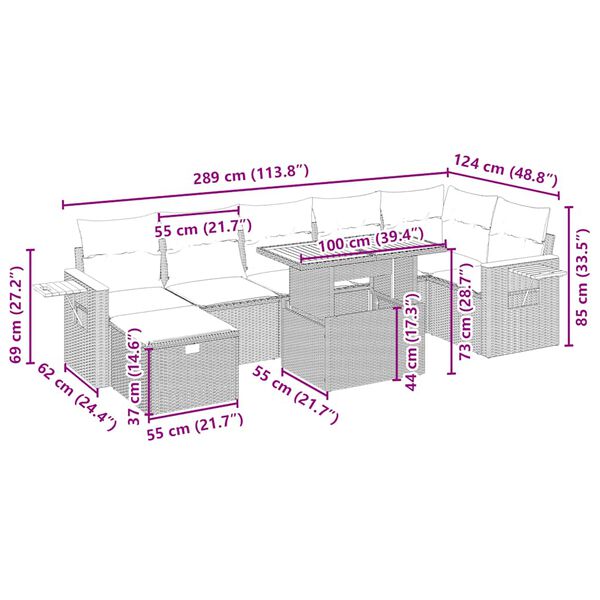 vidaXL 8-tlg. Garten-Sofagarnitur mit Kissen Beige Poly Rattan