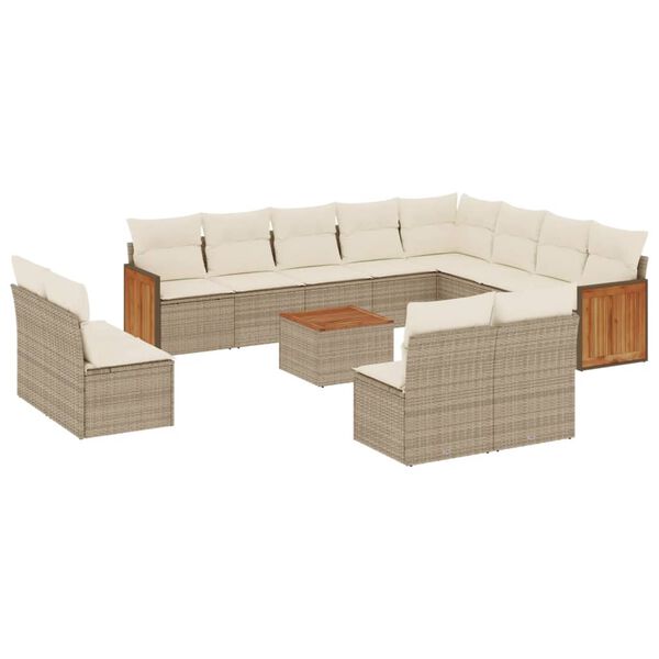 vidaXL 13-tlg. Garten-Sofagarnitur mit Kissen Beige Poly Rattan