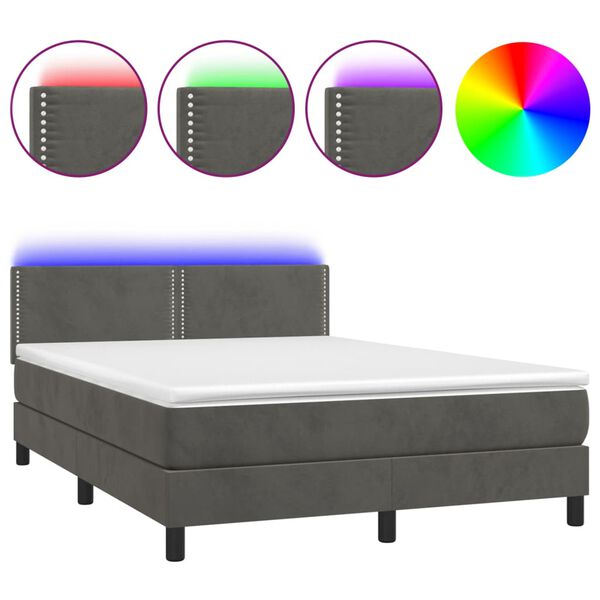 vidaXL Boxspringbett mit Matratze & LED Dunkelgrau 140x190 cm Samt